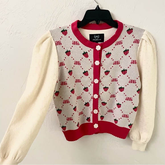 EllandEmm NWOT Strawberry Monogram Cardigan in Cream and Red, Size S/M - Picture 3 of 14